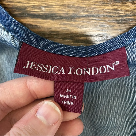 Jessica London Blue Vintage Boho Y2K V-Neck Chambray Fit & Flare Dress - Picture 7 of 10